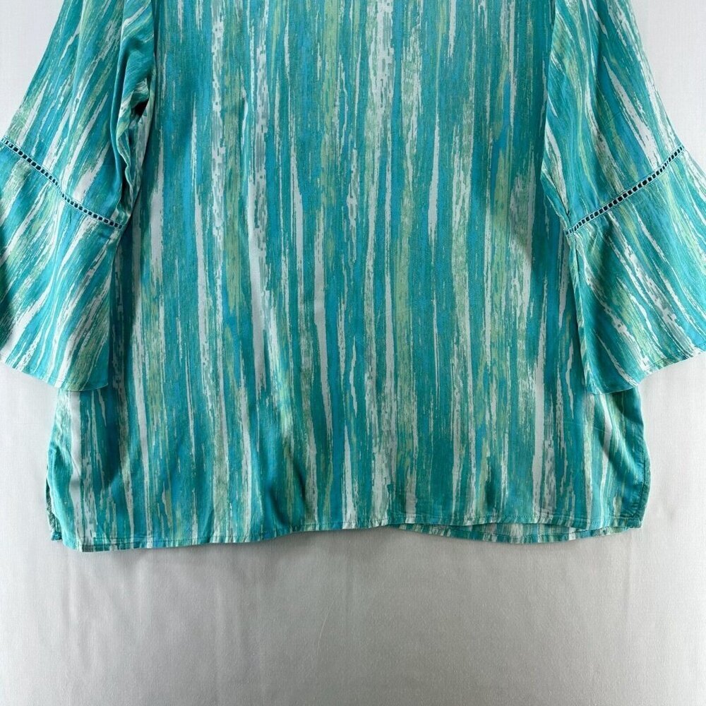 Gloria Vanderbilt Top Size L Stripe Tunic Blouse 3/4 Bell Sleeve Viscose Blue - Picture 6 of 11